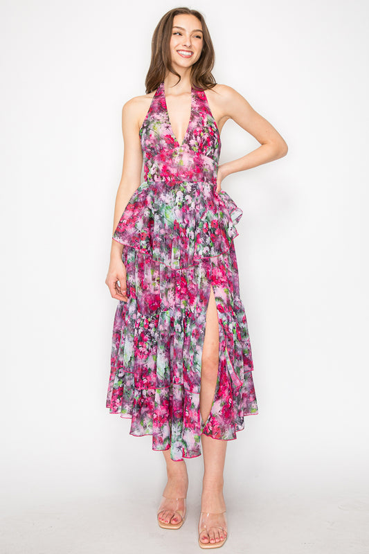 Floral Halter Tiered Midi Dress