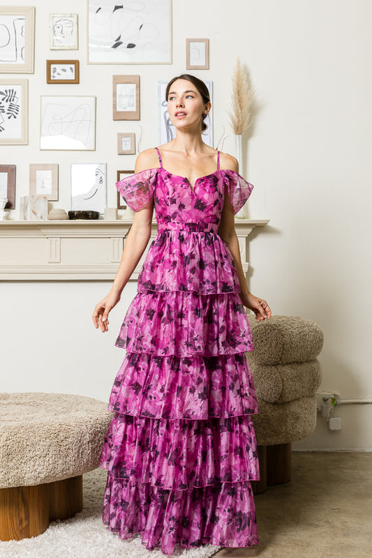Micah Floral Organza Tiered Dress
