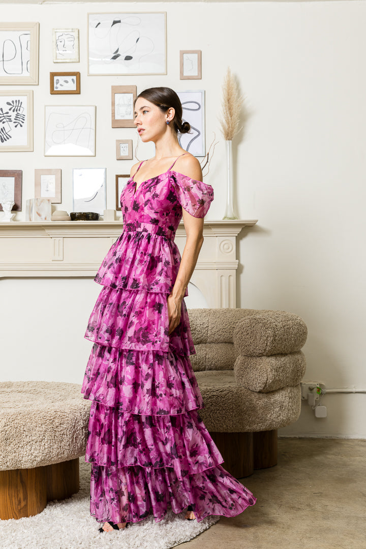 Micah Floral Organza Tiered Dress
