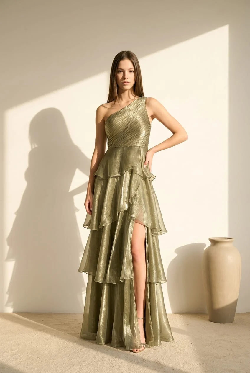 Jasmine One-Shoulder Tiered Organza Gown