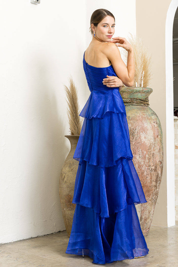 One Shoulder Tiered Organza Gown W/Slit