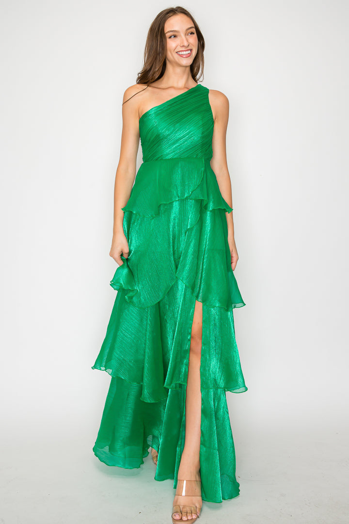 One Shoulder Tiered Organza Gown W/Slit