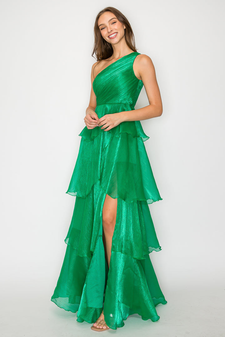 One Shoulder Tiered Organza Gown W/Slit