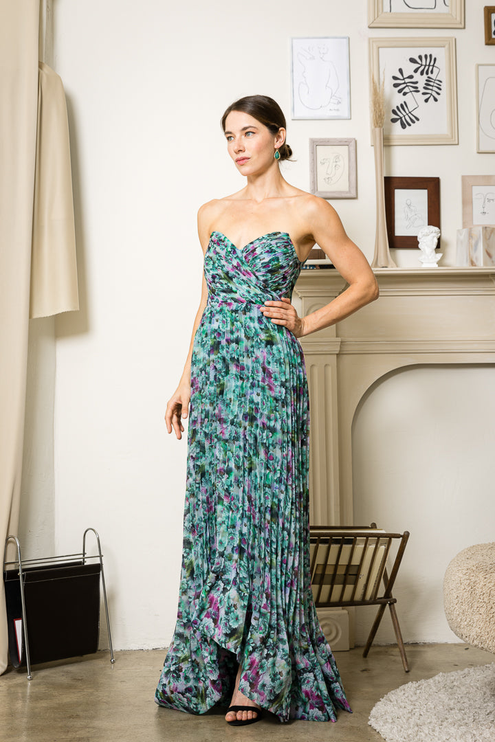 Pleated Floral Print Sleeveless Gown