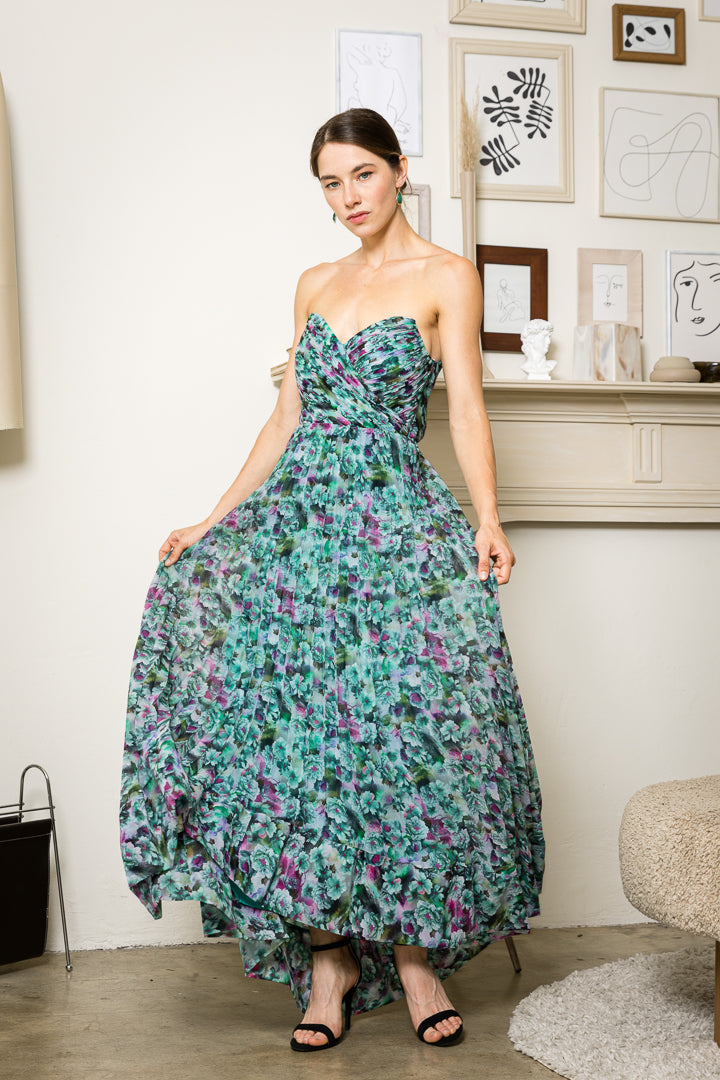 Pleated Floral Print Sleeveless Gown