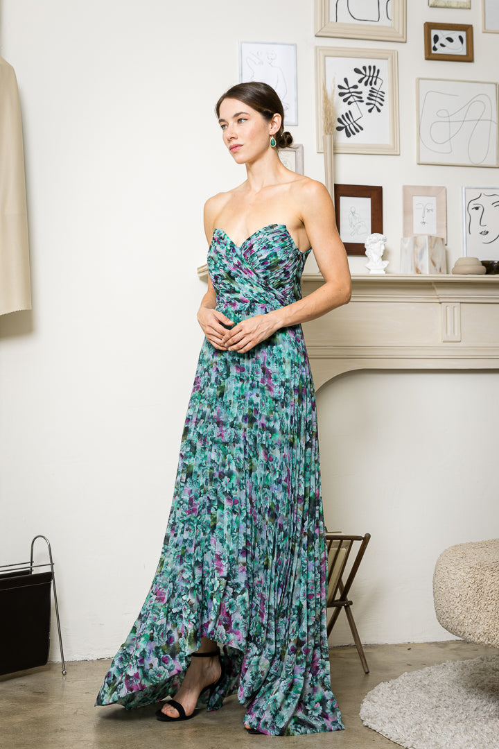 Pleated Floral Print Sleeveless Gown