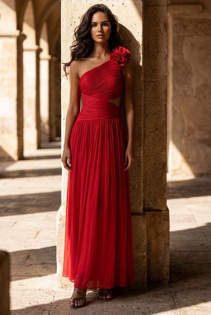 Huda One Shoulder Asymmetric Strappy Back Dress