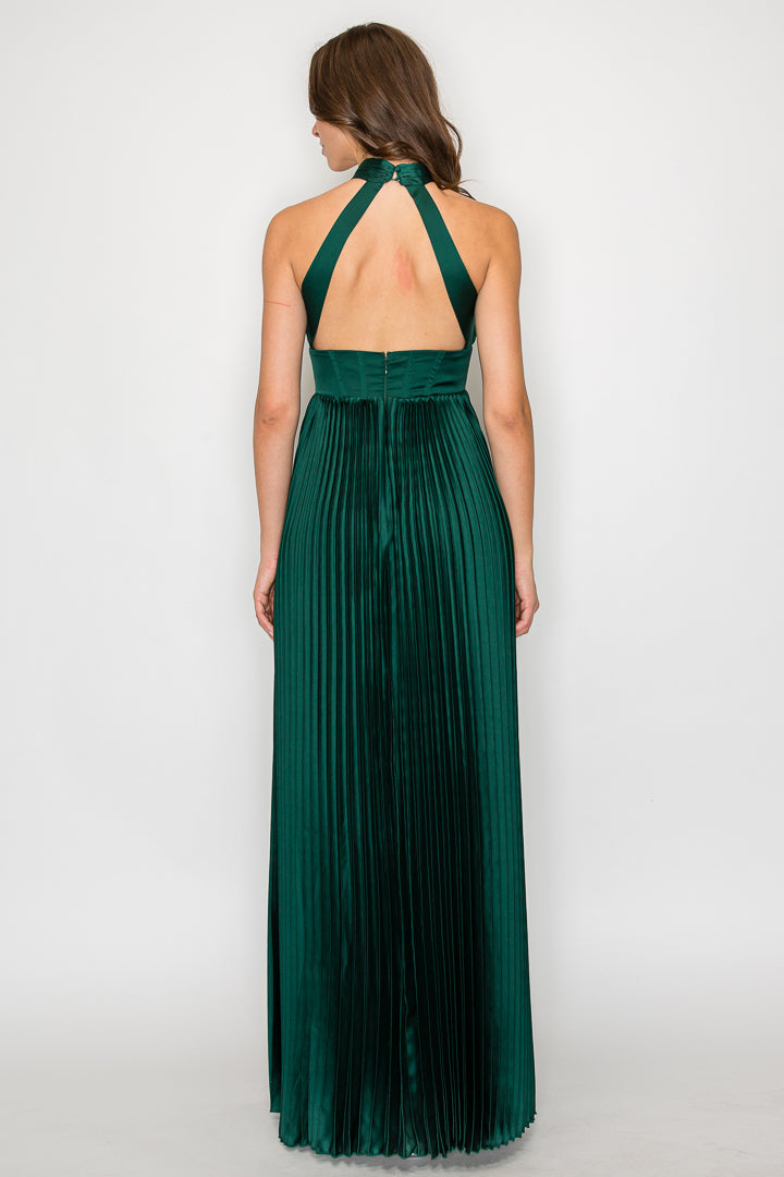 Pleated Corset Halter Maxi Dress W/ Slit