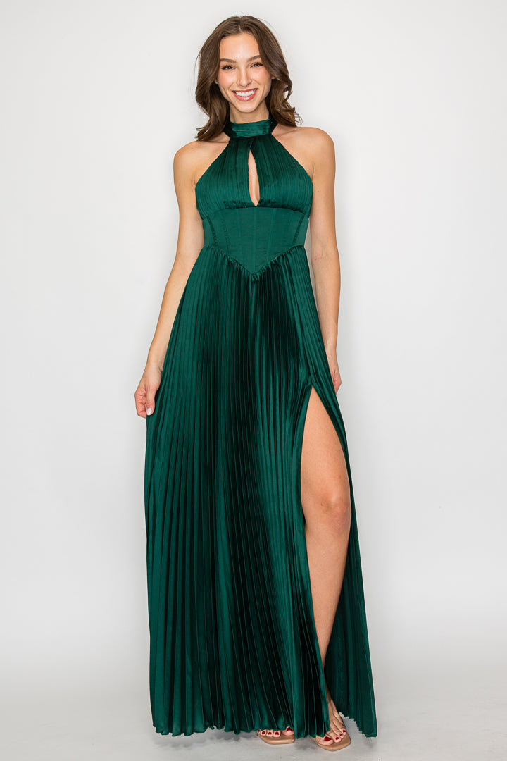 Pleated Corset Halter Maxi Dress W/ Slit