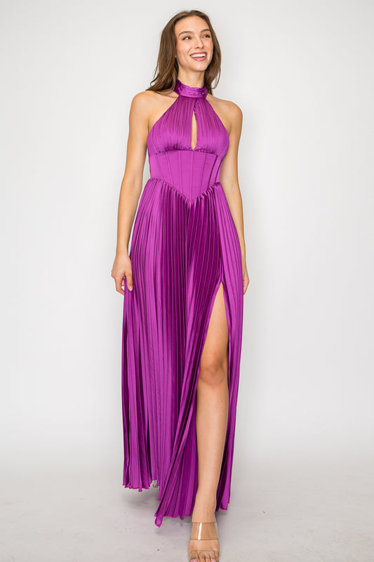 Pleated Corset Halter Maxi Dress W/ Slit