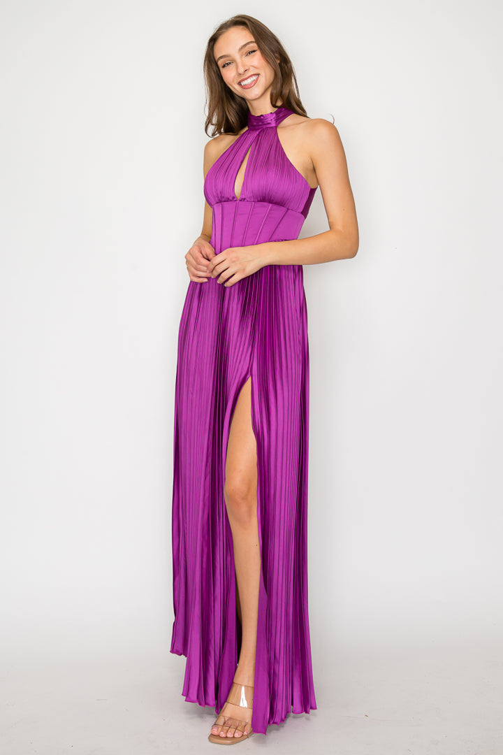 Pleated Corset Halter Maxi Dress W/ Slit