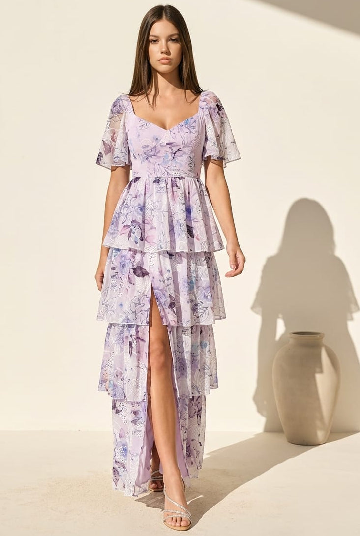 Natalie Flutter Sleeve Tiered Dress