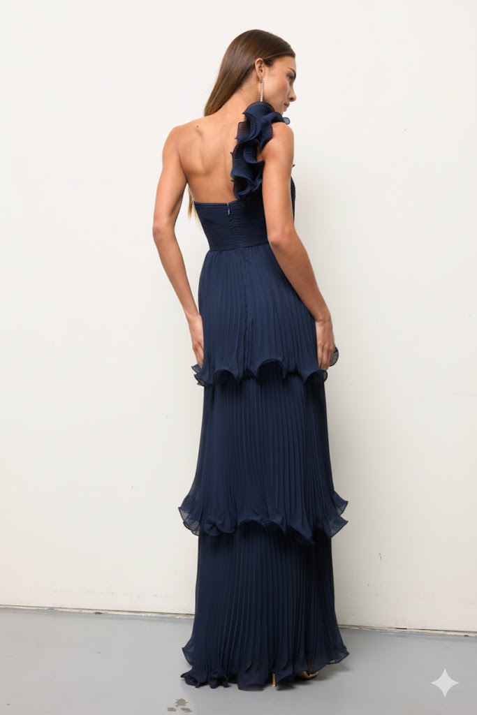 Lucia Pleated Chiffon One Shoulder Tiered Gown