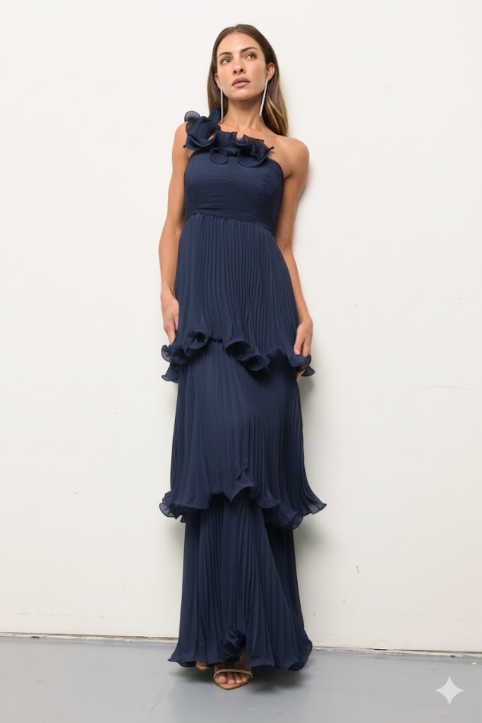 Lucia Pleated Chiffon One Shoulder Tiered Gown