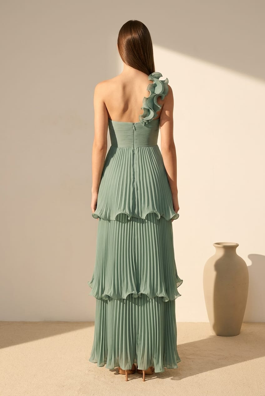 Lucia Pleated Chiffon One Shoulder Tiered Gown