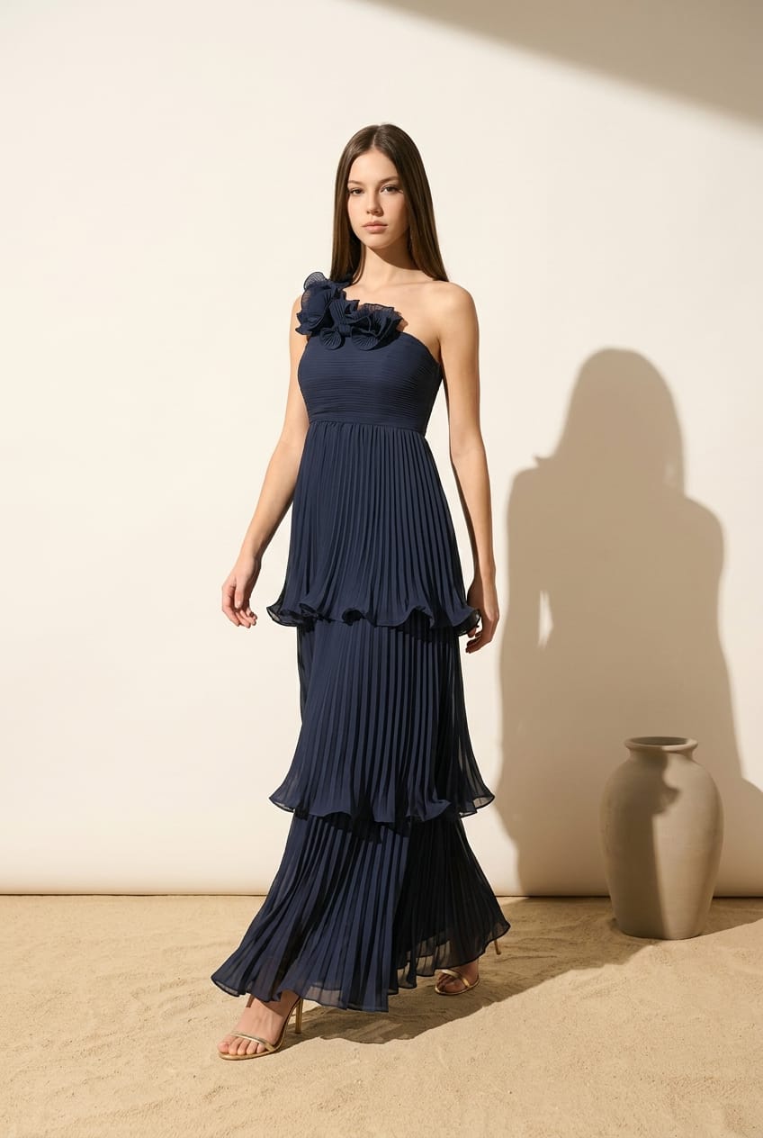 Lucia Pleated Chiffon One Shoulder Tiered Gown