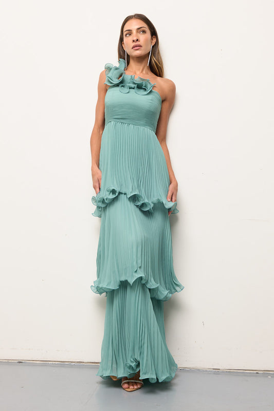 Lucia Pleated Chiffon One Shoulder Tiered Gown