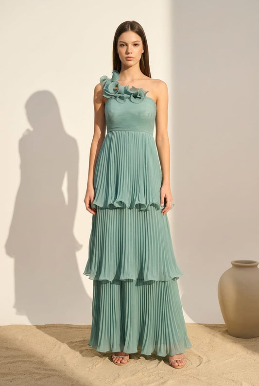 Lucia Pleated Chiffon One Shoulder Tiered Gown