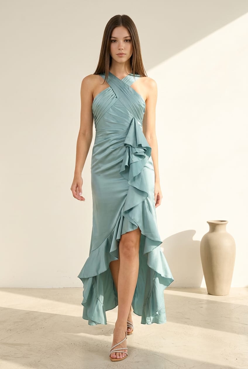 Yudith Satin Halter Neck Ruffle Slit Dress