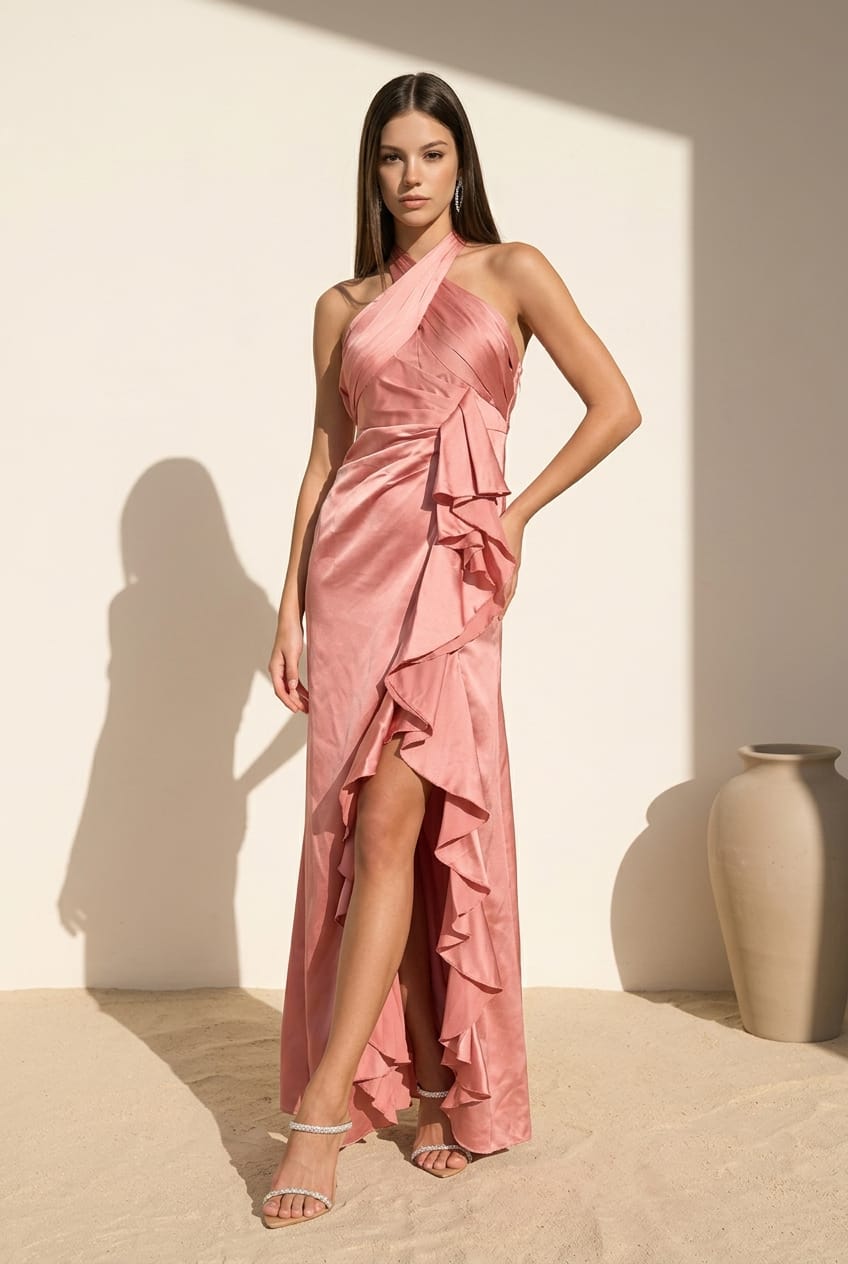 Yudith Satin Halter Neck Ruffle Slit Dress