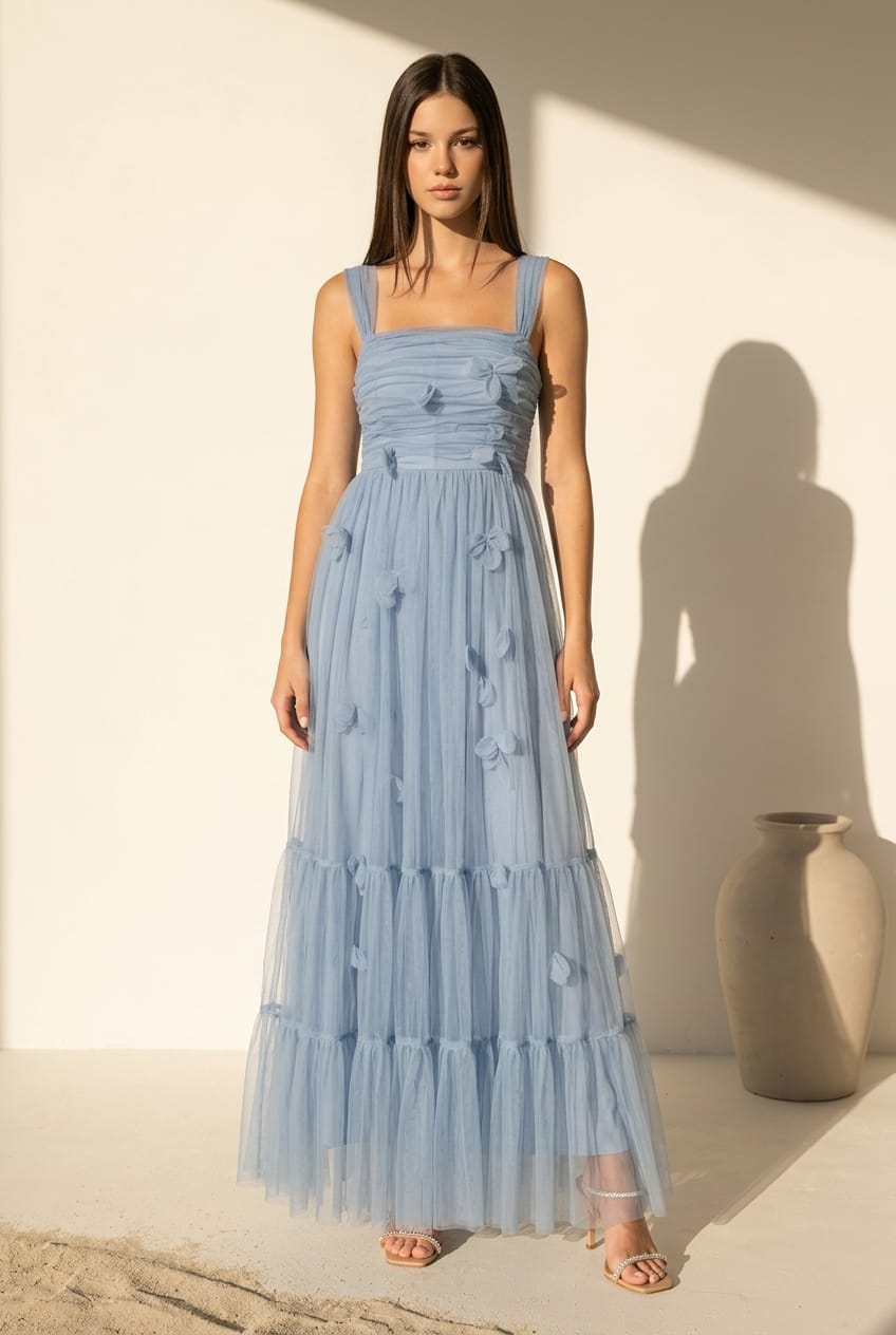 Delphi Mesh 3D Floral Maxi Dress