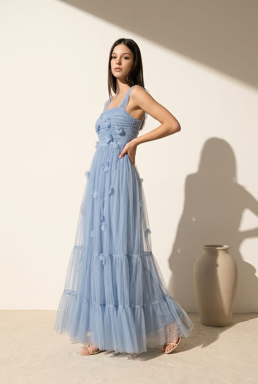 Delphi Mesh 3D Floral Maxi Dress