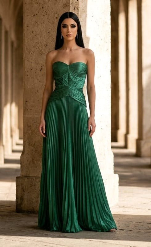 Veronica Satin Strapless Maxi Pleated Dress