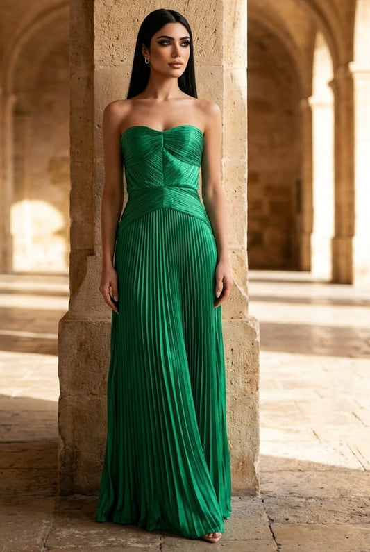 Veronica Satin Strapless Maxi Pleated Dress