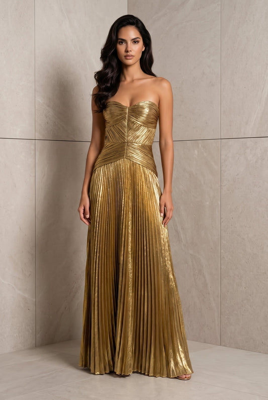 Veronica Metallic Strapless Maxi Pleated Dress
