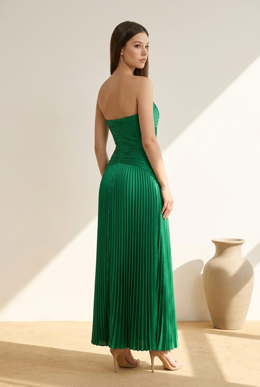 Veronica Satin Strapless Maxi Pleated Dress