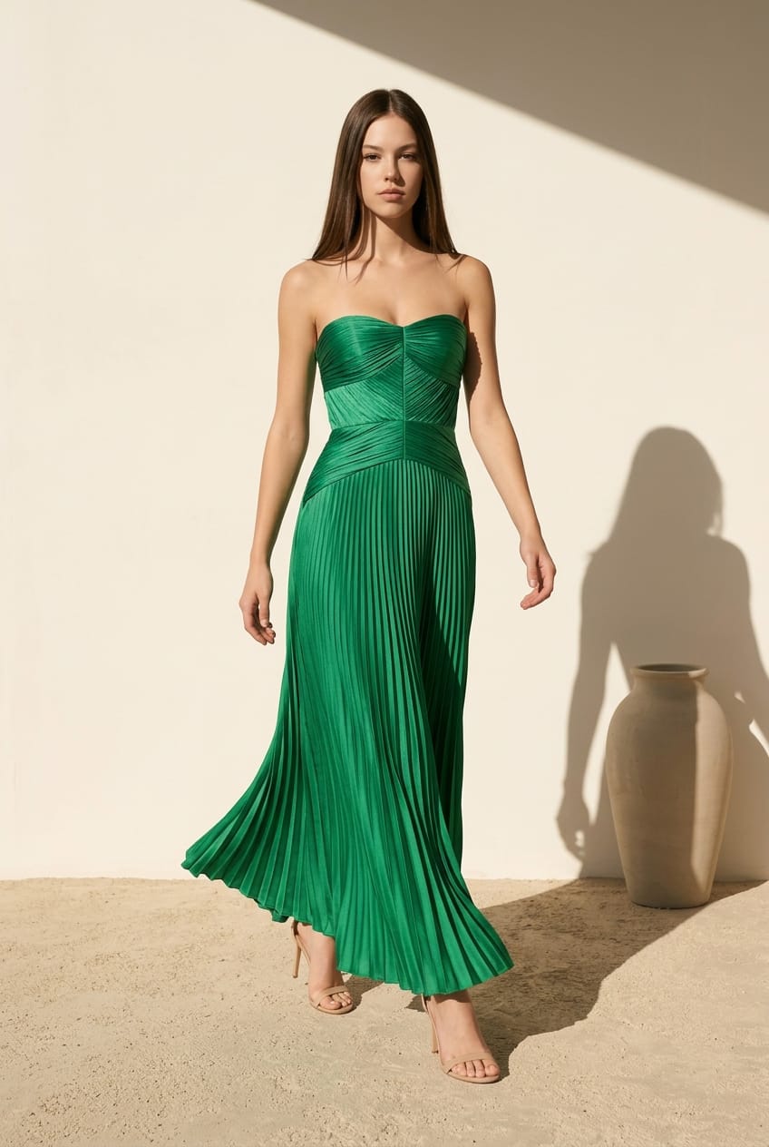 Veronica Satin Strapless Maxi Pleated Dress