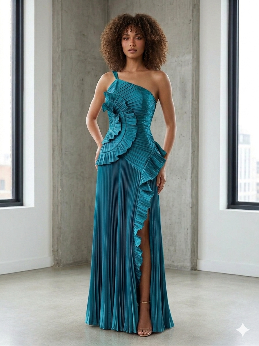 Linda Satin One Shoulder Ruffle Maxi Dress