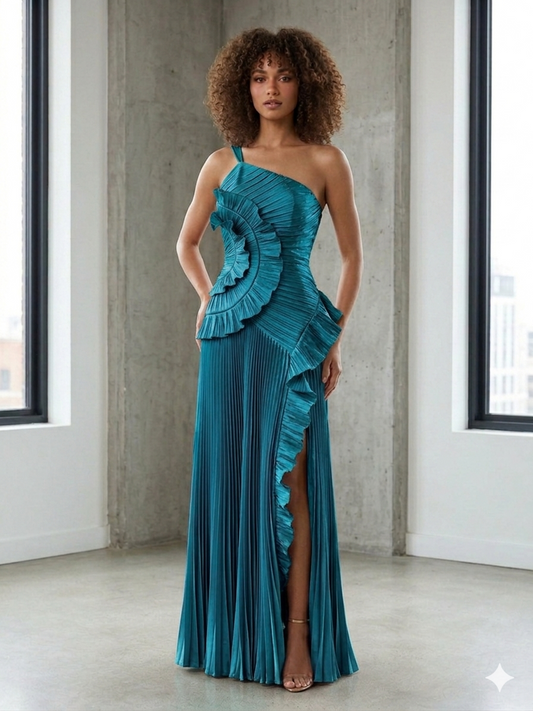 Linda Satin One Shoulder Ruffle Maxi Dress