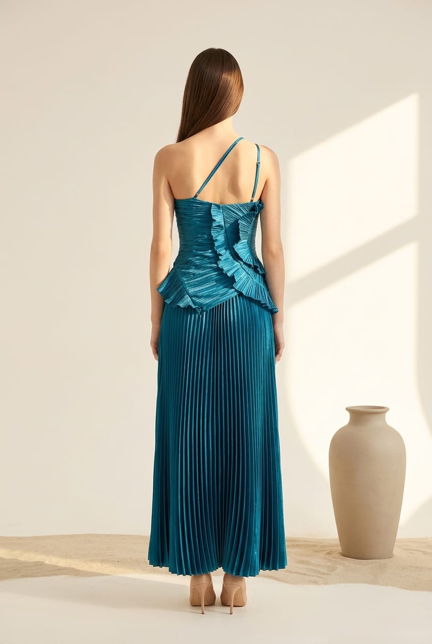 Ruffle detailed Blue Maxi side slit dress