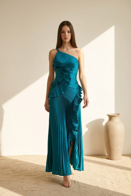 Ruffle detailed Blue Maxi side slit dress
