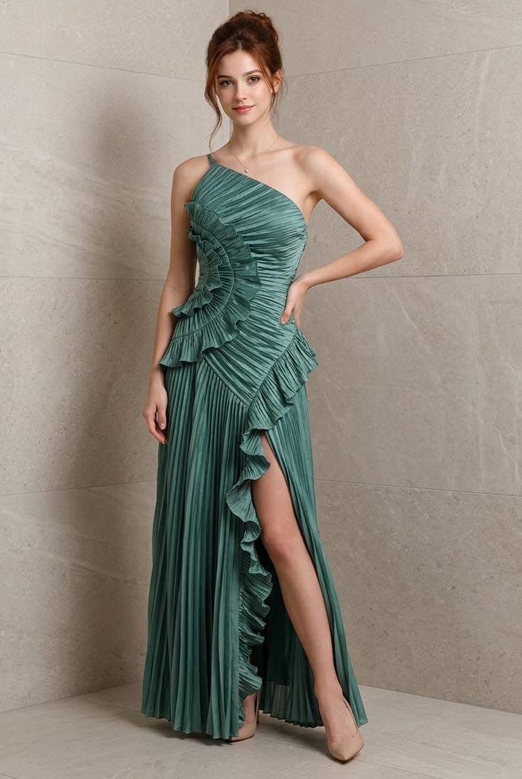 Linda Satin One Shoulder Ruffle Maxi Dress