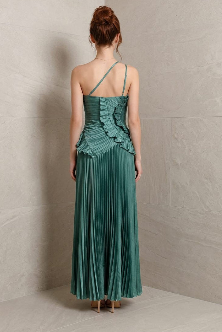 Linda Satin One Shoulder Ruffle Maxi Dress