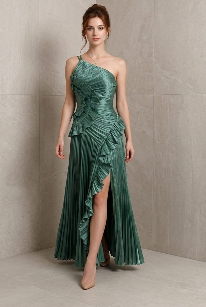 Linda Satin One Shoulder Ruffle Maxi Dress