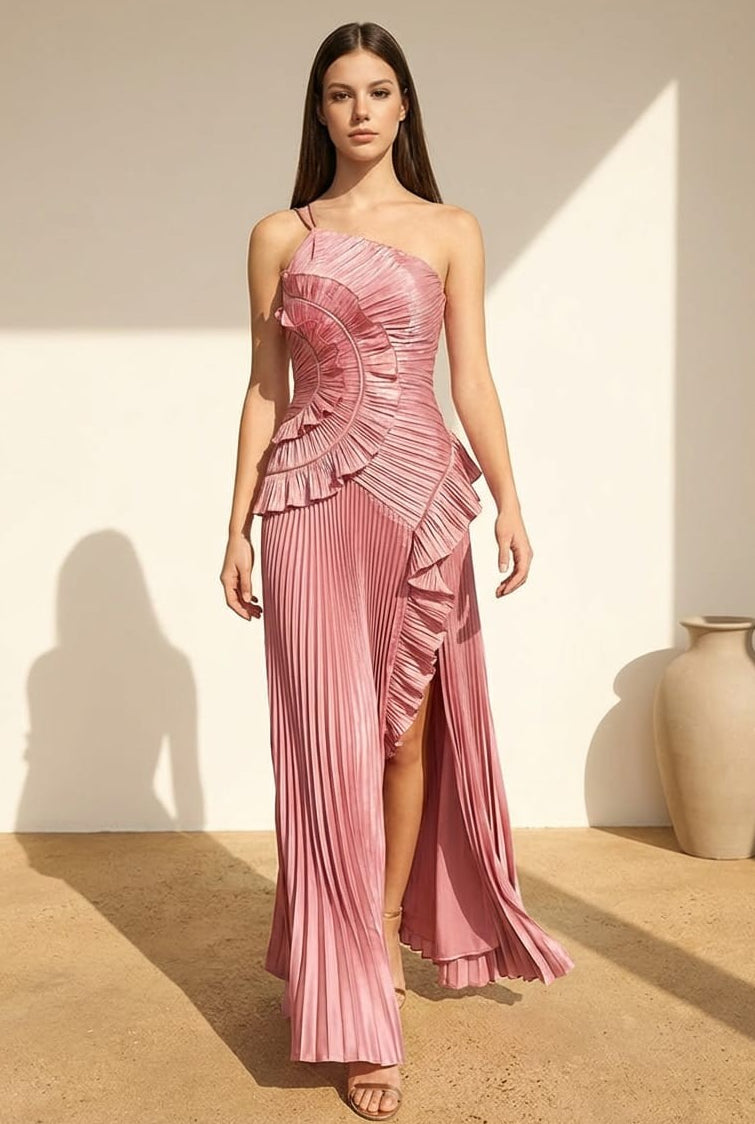 Linda Satin One Shoulder Ruffle Maxi Dress