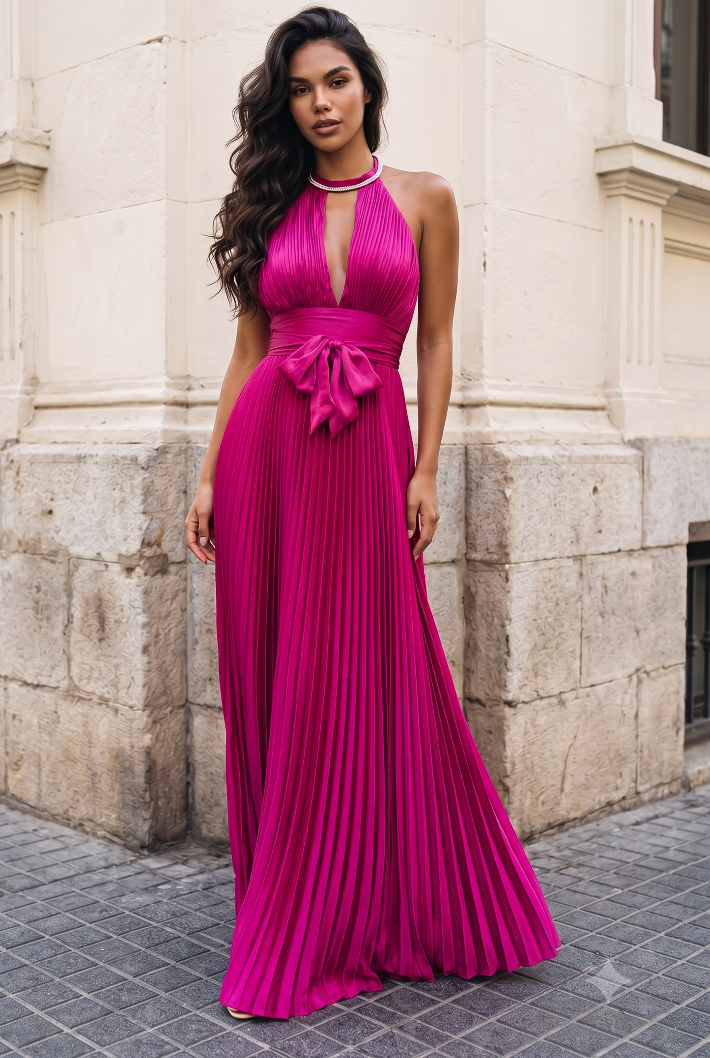 Brooke Key Hole Pleated Gown with Rhinestone Detail