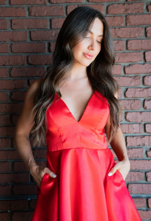 red silk skater dress Red Extreme Satin Structured Square Neck Skater Dress
