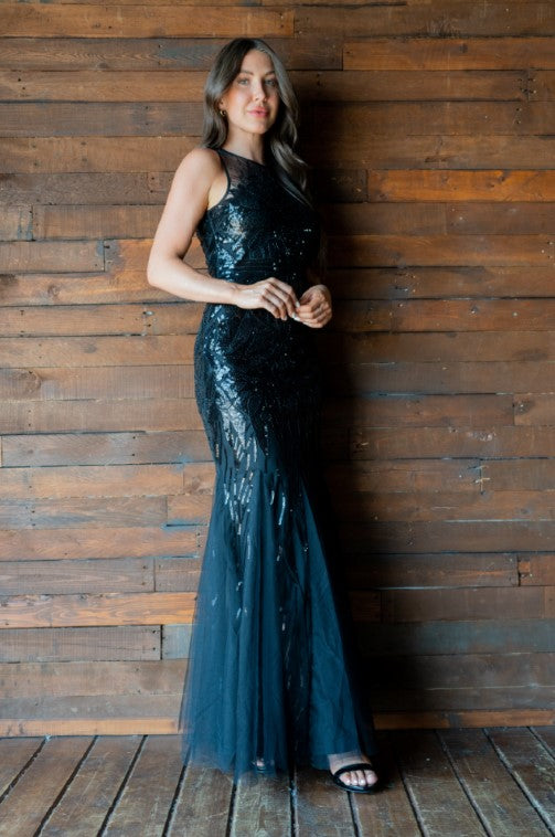 Davina Sequin Gown With Tulle Gores