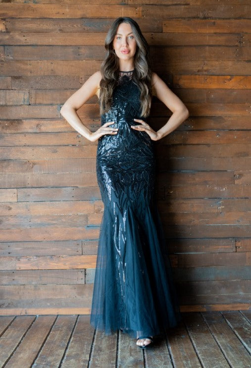 Davina Sequin Gown With Tulle Gores