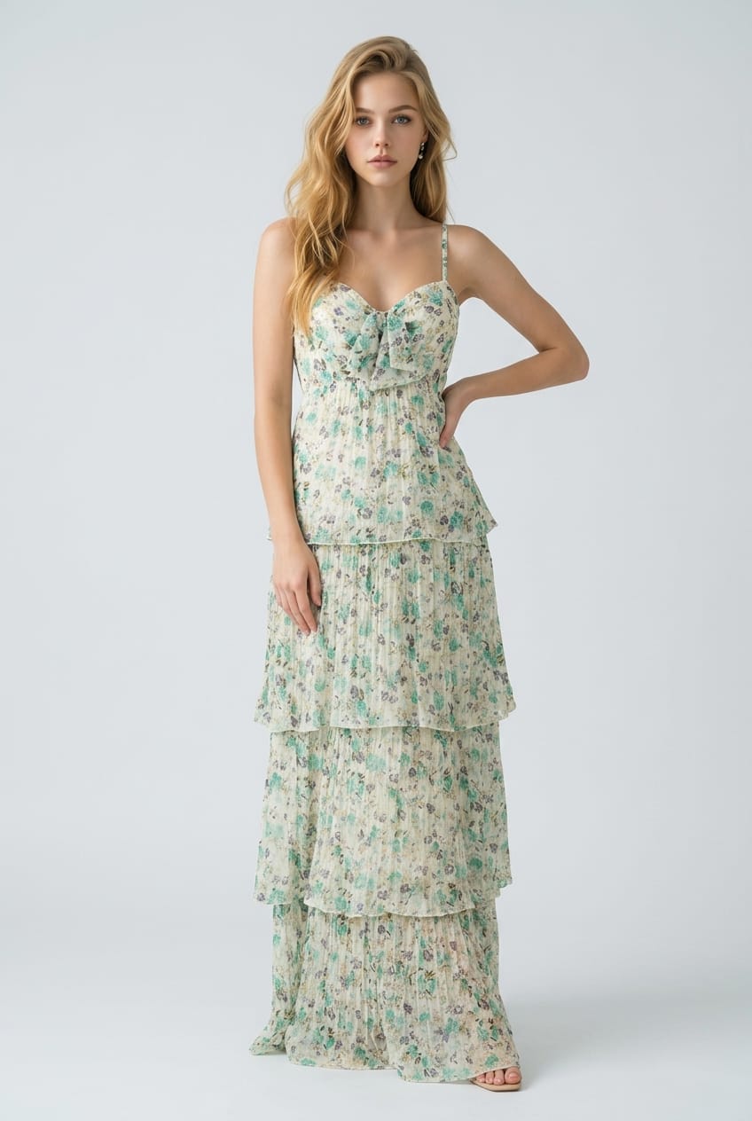 Shauna Printed Tiered Tie Front Gown