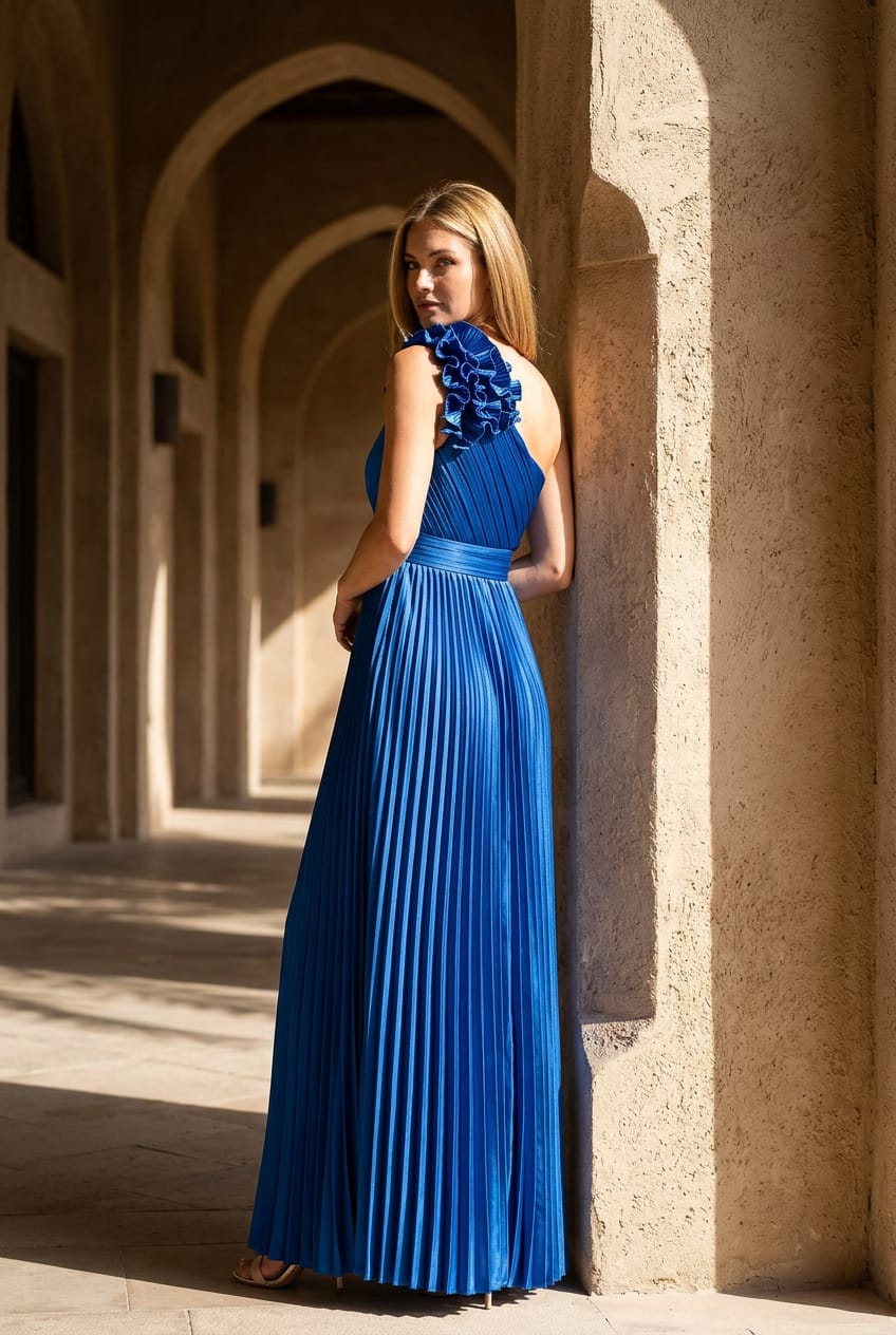Alexandria Pleated Satin with Shoulder Ruffle