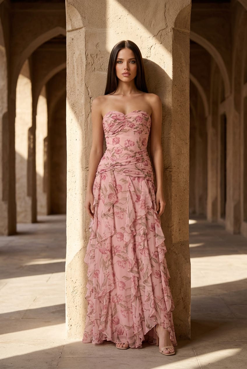 Rosy Floral Maxi Ruffle Dress