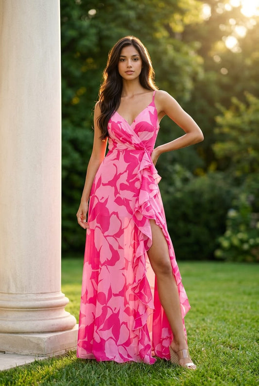 Mariah Floral Print V-Neck Gown