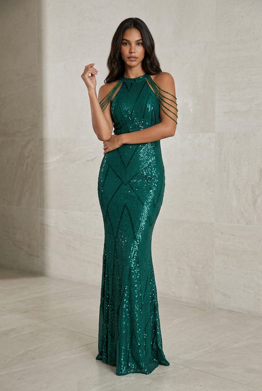Erin Beaded Halter Sequin Gown