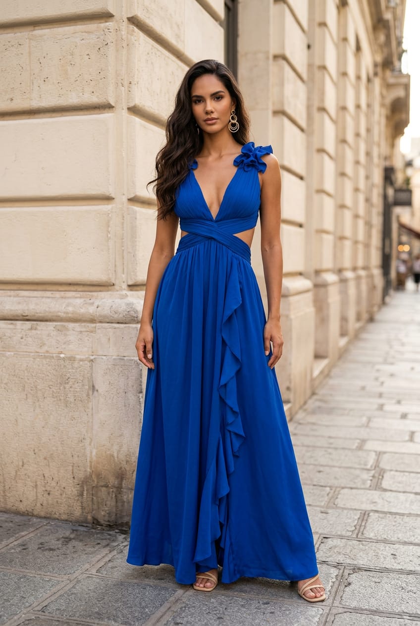 Dani Ruffle Shoulder Open-Back Gown