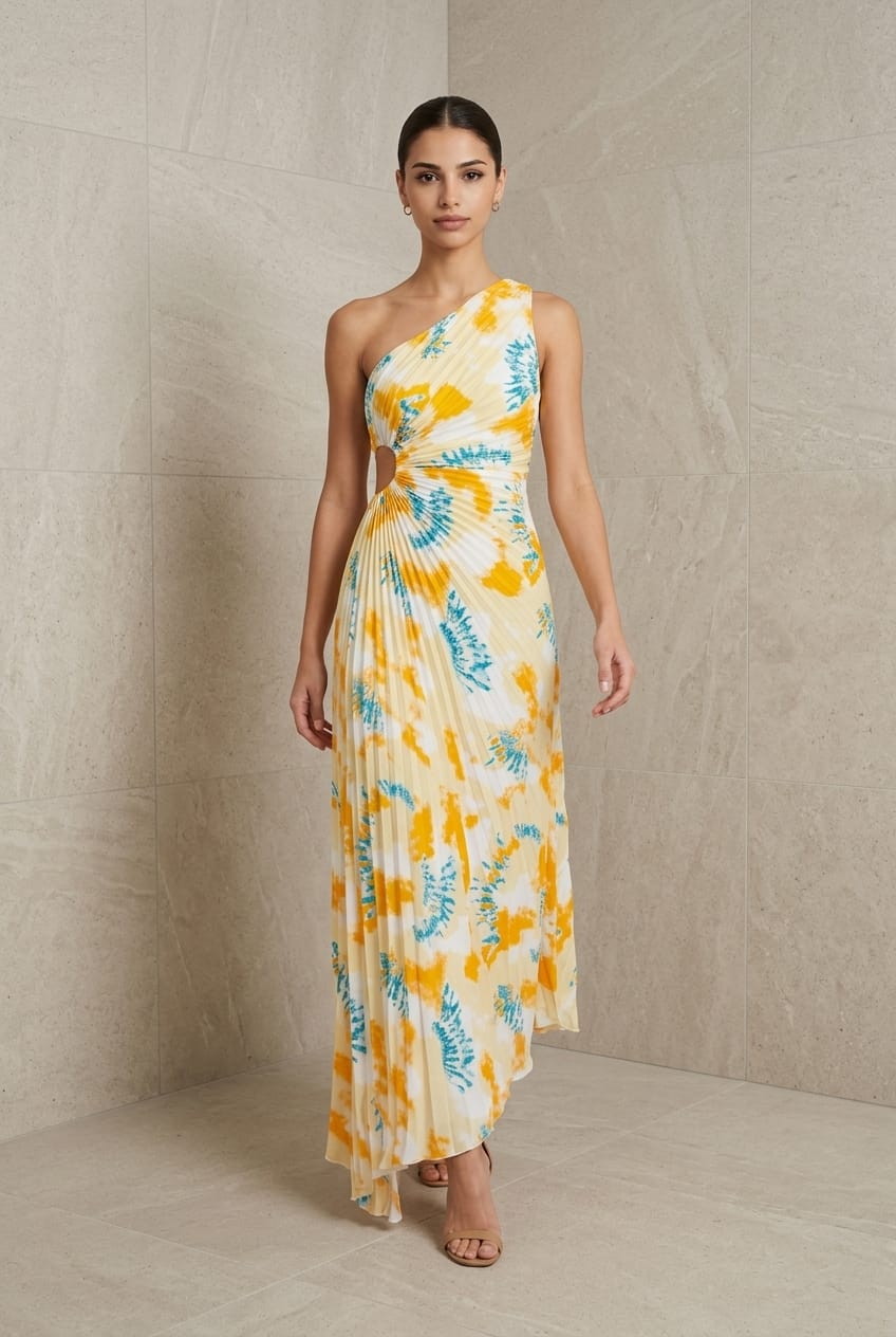 Gianna Water Print One Shoulder Pleated Dress